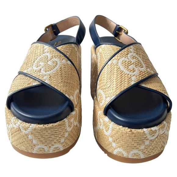 New Gucci Authentic Raffia Nappa GG Monogram Platform 703791 Sz 39 Rubber Soles - Picture 5 of 15